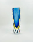 1980s COBALT BLUE YELLOW SOMMERSO GLASS HEXAGON MANDRUZZATO VASE