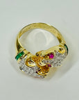 1950s 14K YELLOW GOLD DIAMOND EMERALD DOUBLE PANTHER HEADS RING WITH RUBY EYES