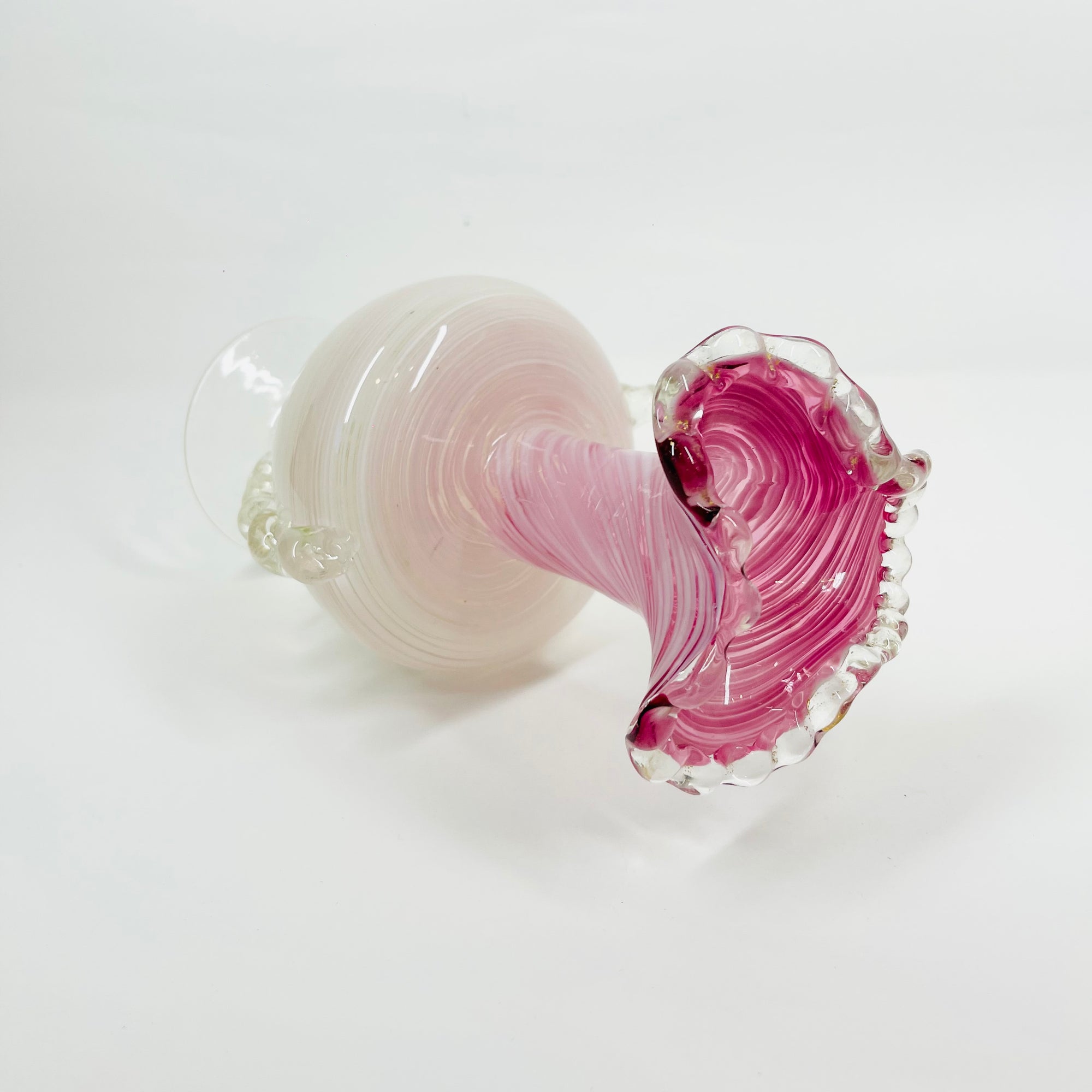 ANTIQUE MURANO PINK WHITE LATTICINO SOMMESO GLASS FOOTED RUFFLE RIM VASE