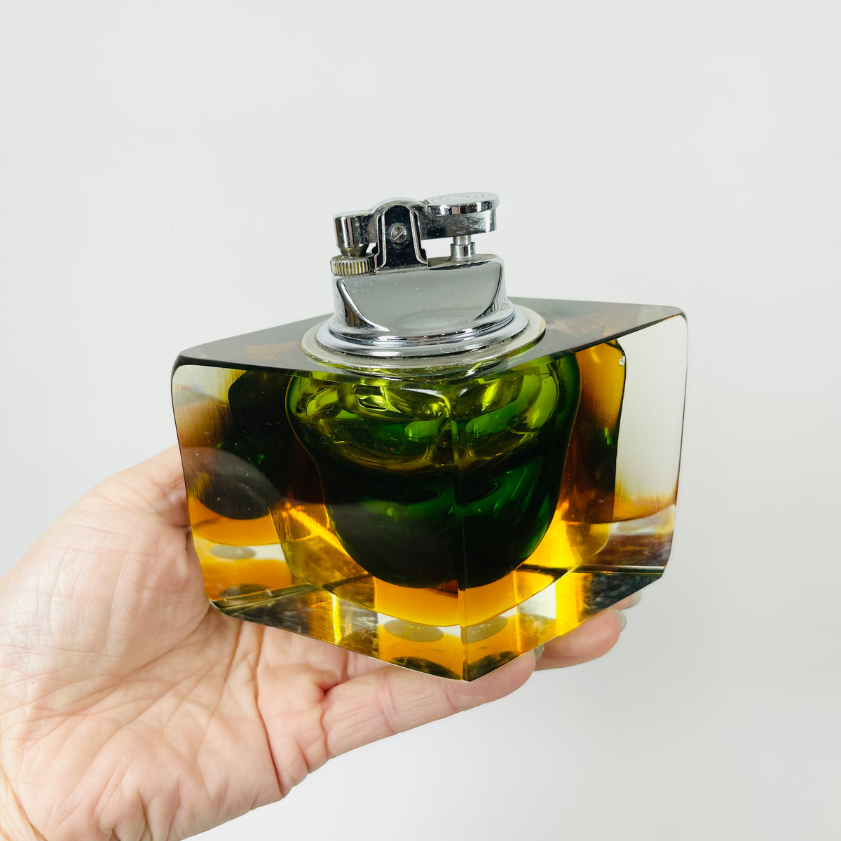 1940s GREEN GOLD AMBER MURANO MANDRUZZATO SOMMERSO FACETED GLASS LIGHTER BOX