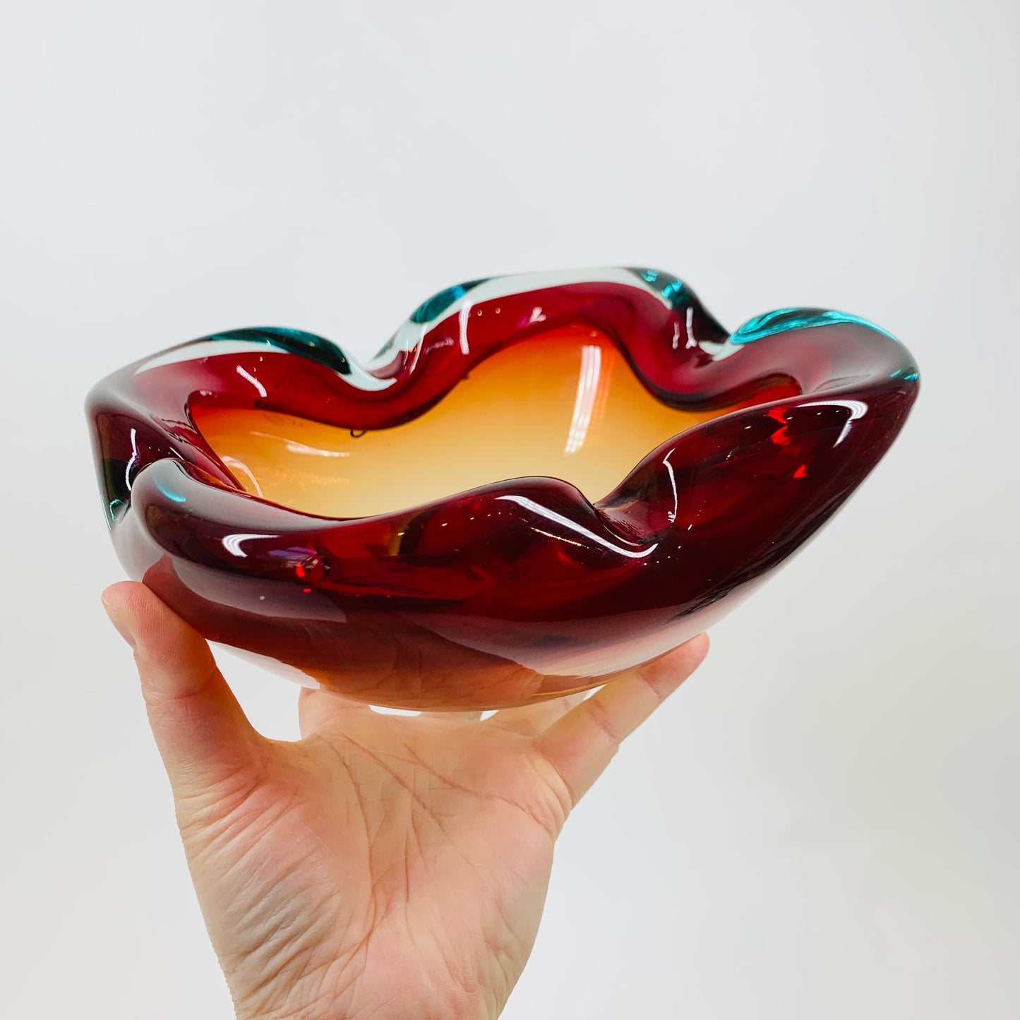MURANO RUBY BLUE PINCHED BOWL