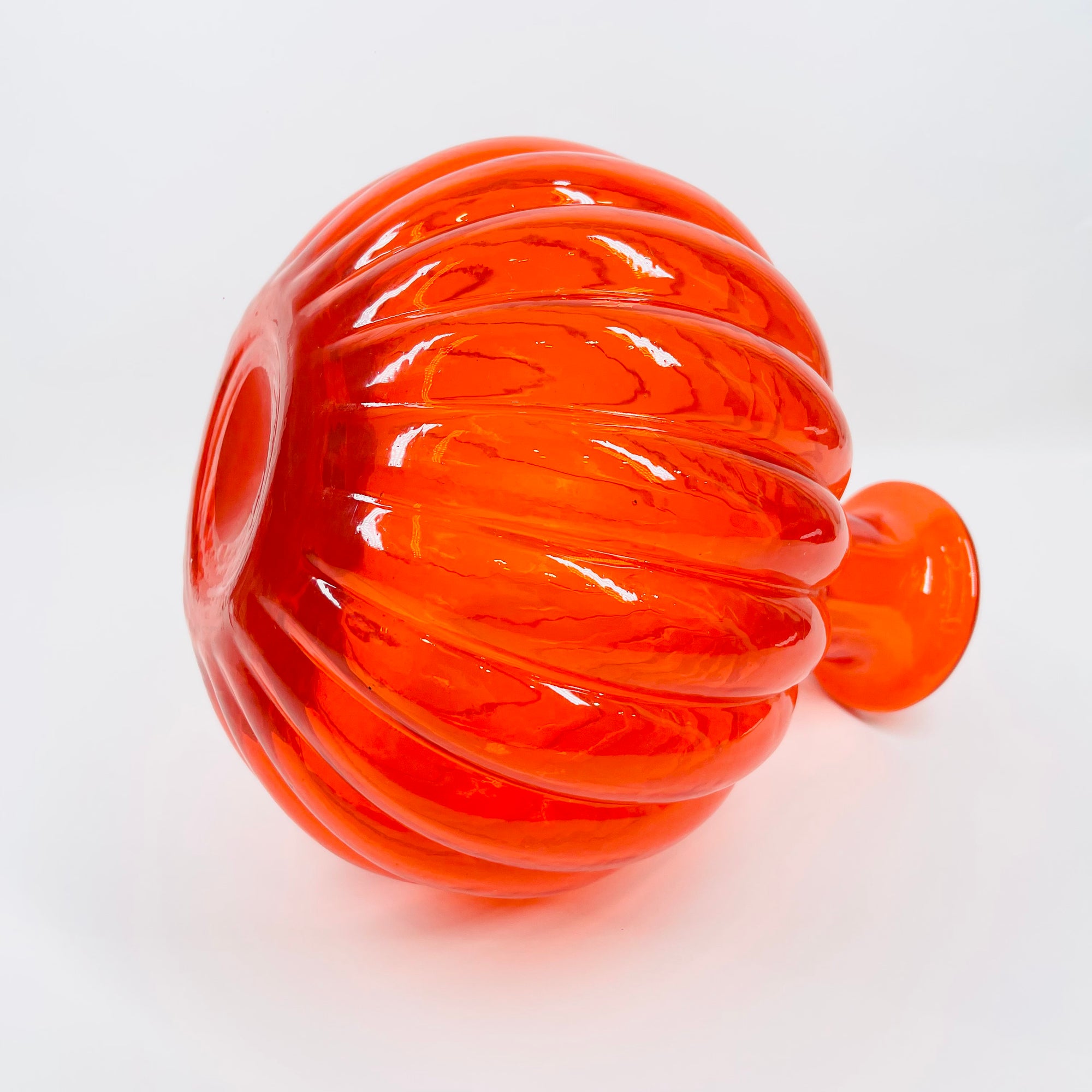 1970s ITALIAN EMPOLI ORANGE RIBBED GLASS ROUND BOTTLE VASE