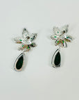 VINTAGE ART DECO STYLE GP COSTUME GREEN DIAMONTE FLOWER DROP PIERCED EARRINGS