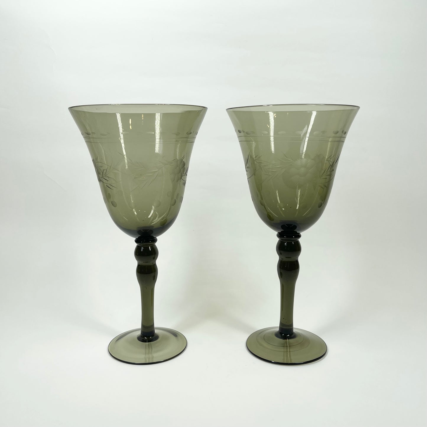 LARGE 1950s ETCHED GREY GOBLET GLASSES