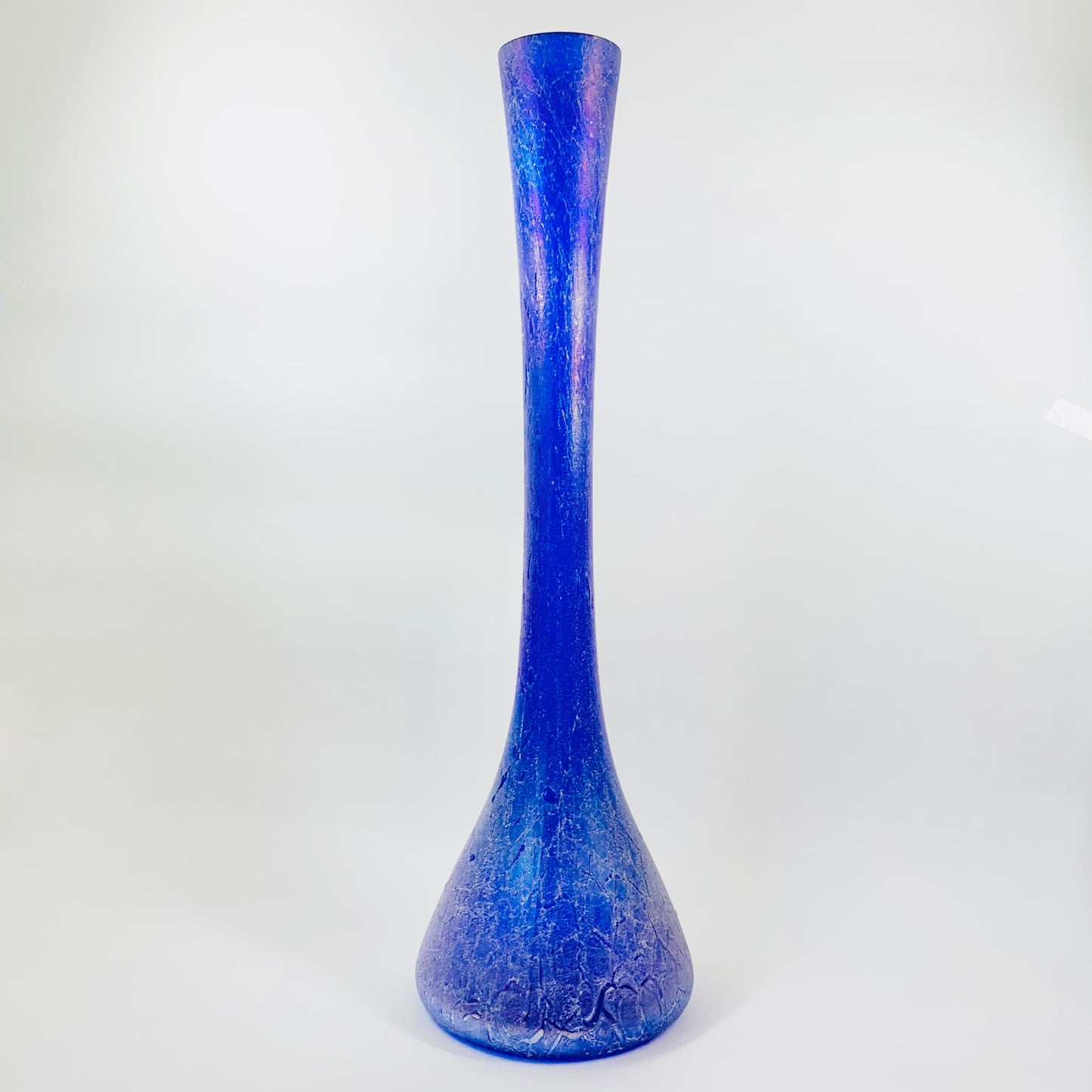 MCM BLUE OILSLICK CRACKLE GLASS LONG NECK VASE