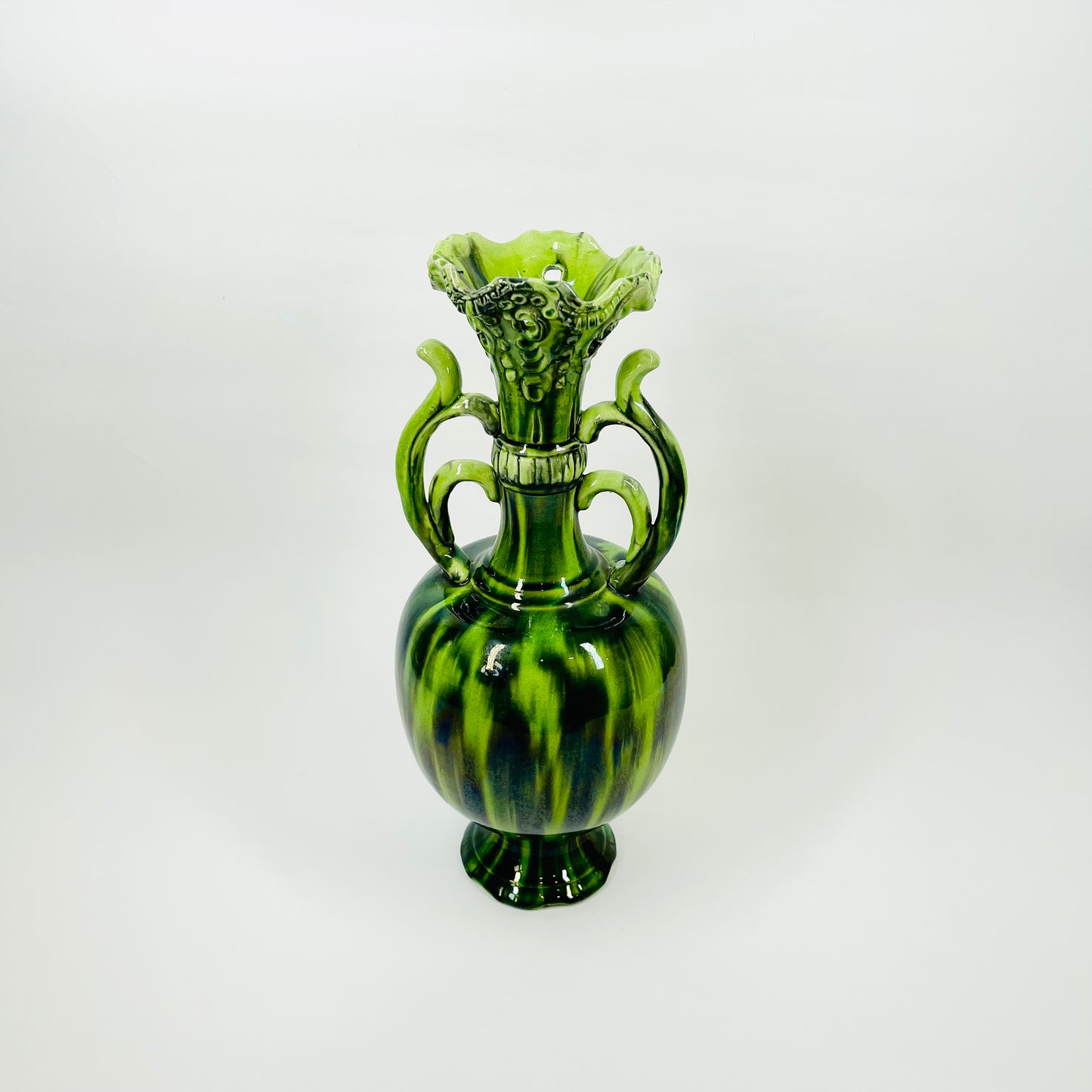 1950s JAPANESE GREEN WATERMELON GLAZED POTTERY VASE