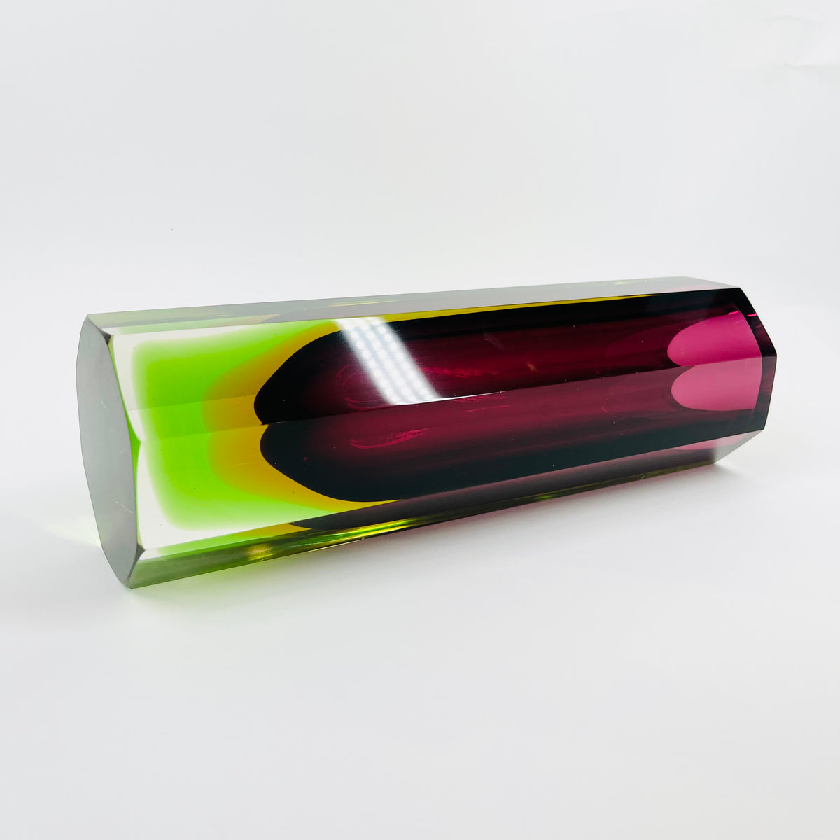 XL 1950s PINK PURPLE GREEN MURANO SOMMERSO FACETED GLASS BLOCK VASE
