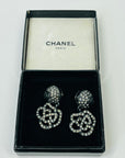 2000 Y2K CHANEL CC LOGO CAMELLIA RHINESTONES DROP PIERCED EARRINGS