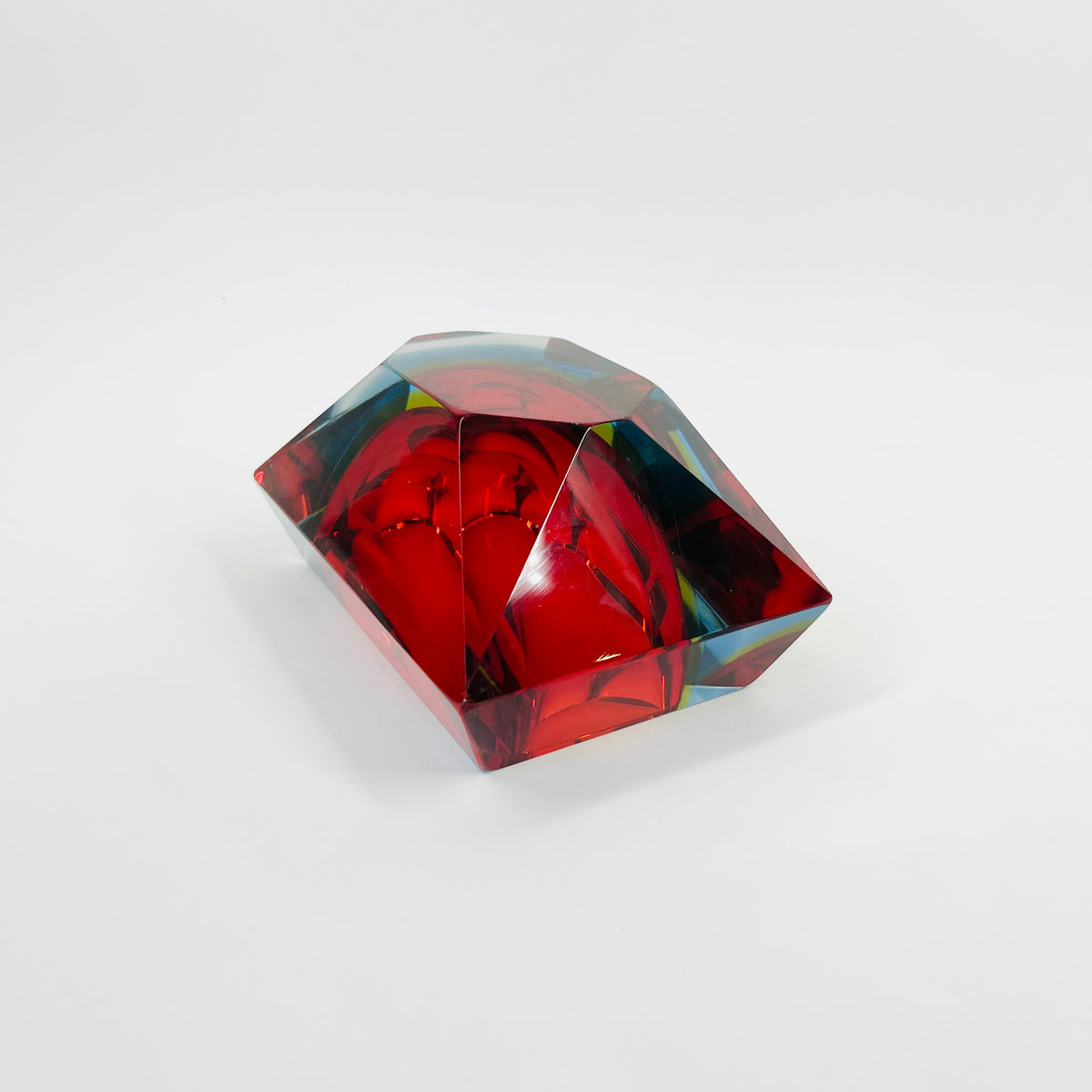 1950s MURANO RUBY BLUE YELLOW SOMMERSO FACETED RECTANGULAR GLASS BOWL