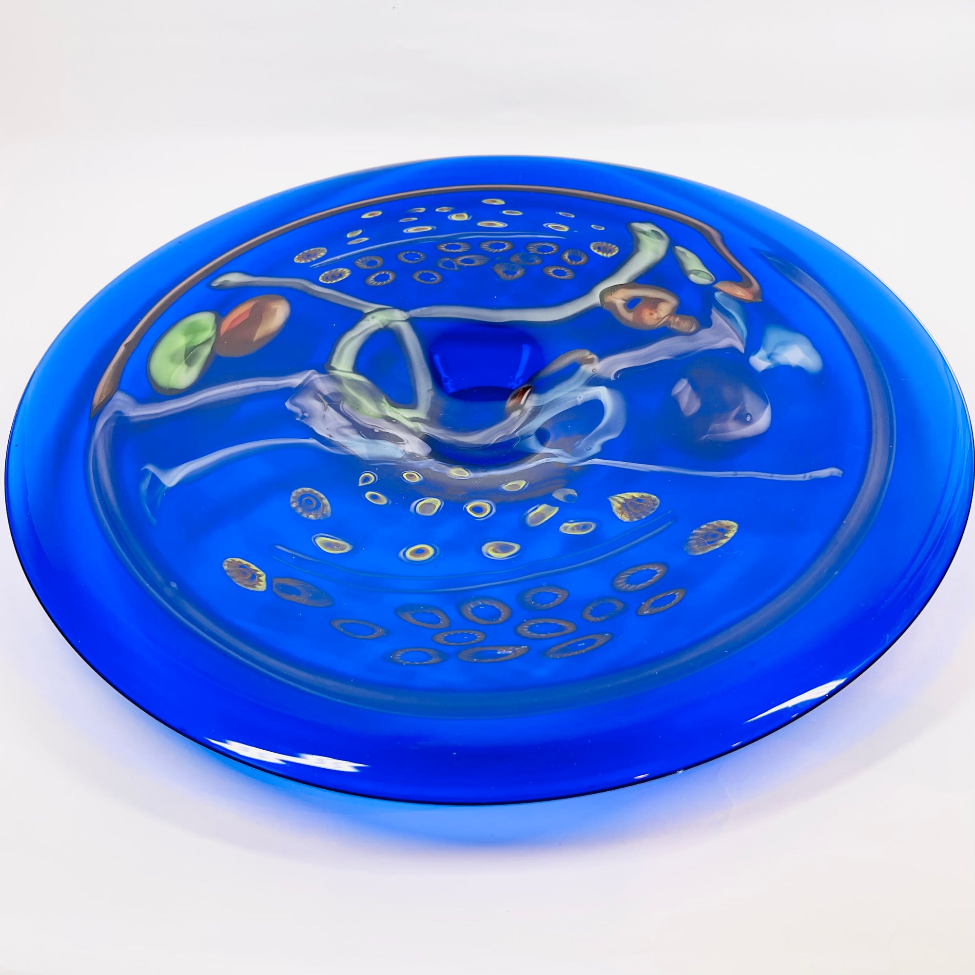LARGE ANTIQUE COBALT BLUE MURANO GLASS CHARGER PLATE/SHALLOW BOWL WITH MILLEFIORI &amp; MURRINE DECORATIONS