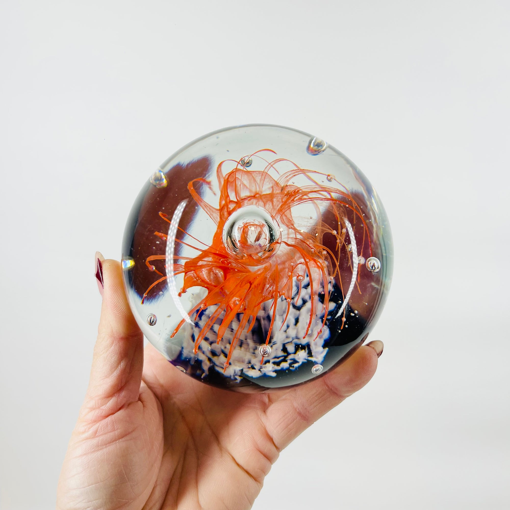 1980s ORANGE BLUE ABSTRACT SPATTER ART GLASS PAPERWEIGHT
