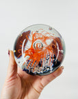 1980s ORANGE BLUE ABSTRACT SPATTER ART GLASS PAPERWEIGHT