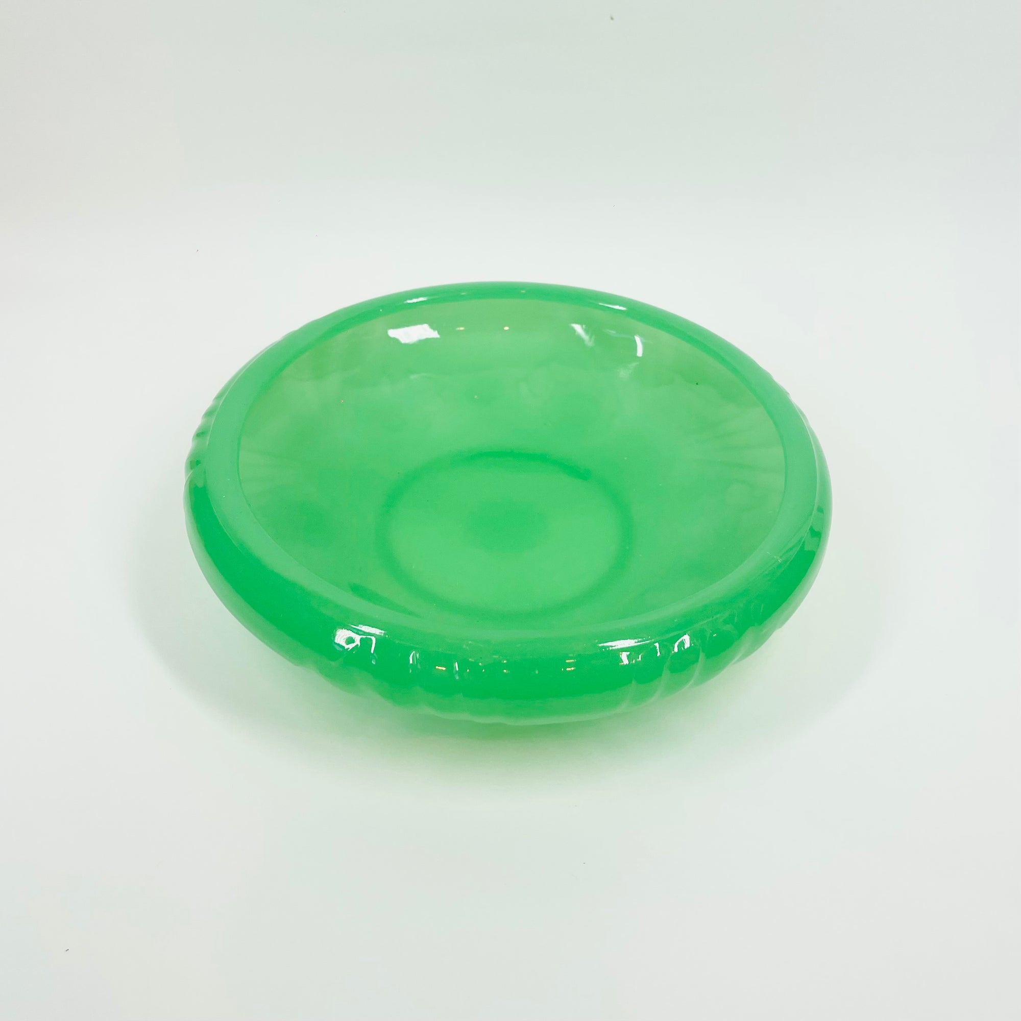 ANTIQUE JOBLING GREEN JADE URANIUM GLASS FLOAT BOWL