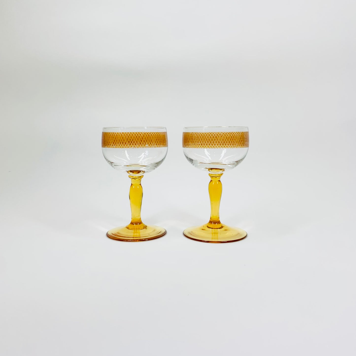 40s AMBER STEM FLASHED ETCHED COCKTAIL GLASSES