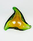 1970s ITALIAN MURANO GREEN AMBER SOMMERSO TREFOIL GLASS ASHTRAY