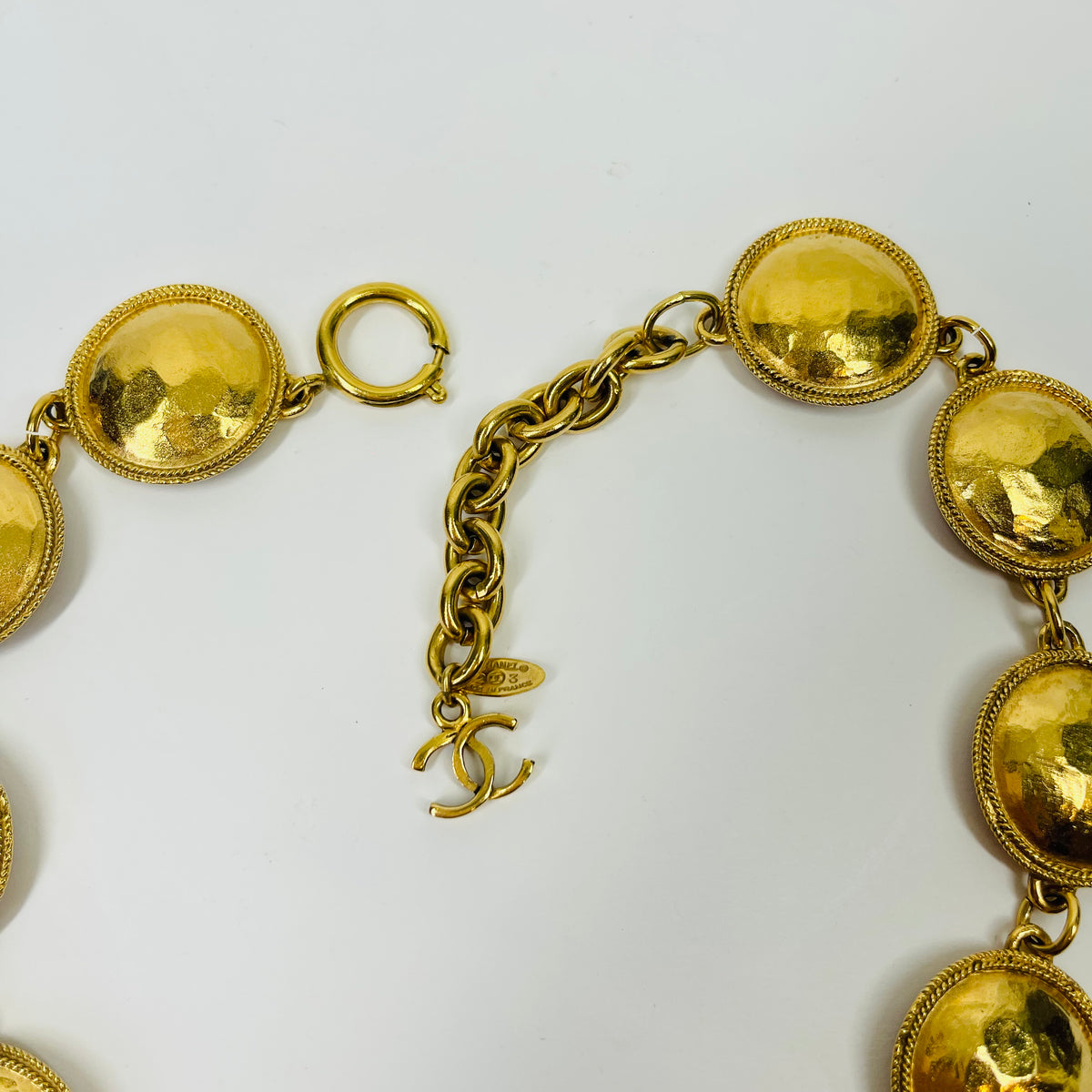 1980s CHANEL ESTRUCAN STYLE LOGO MEDALLION NECKLACE