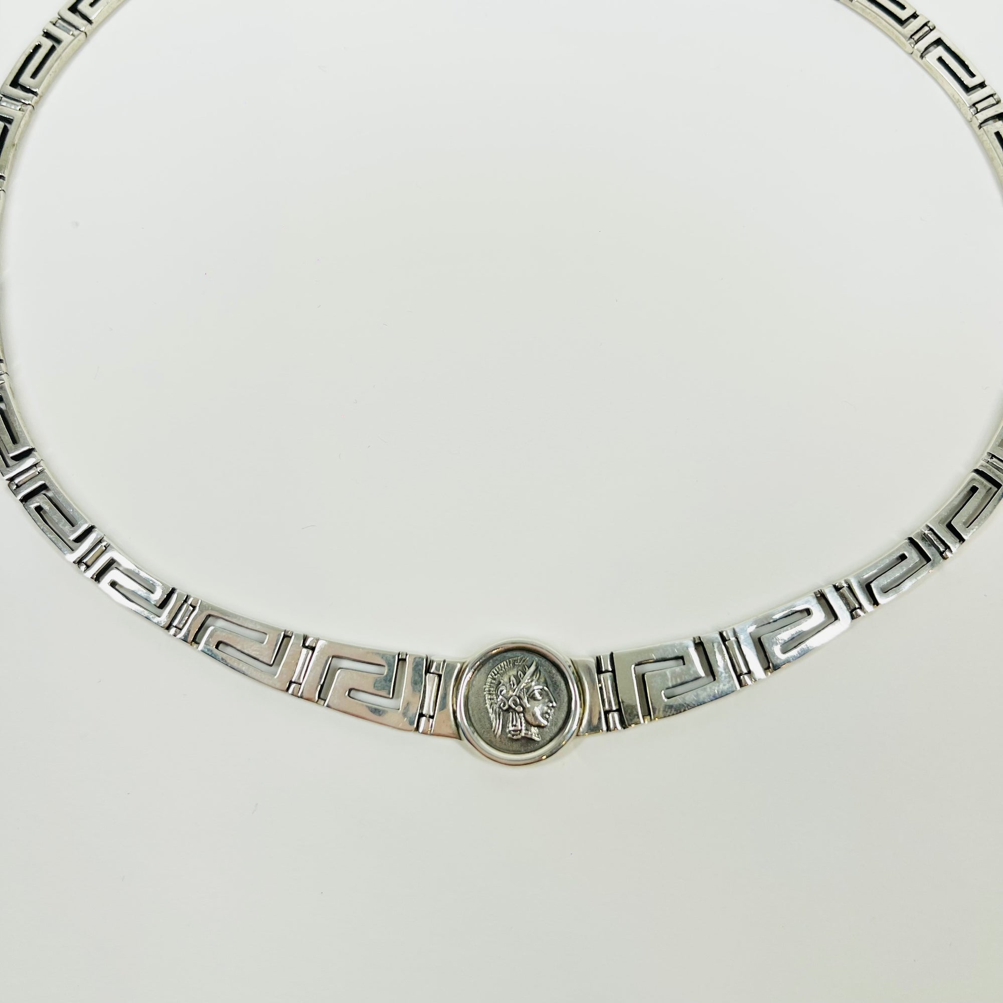 ANTIQUE STERLING SILVER GREEK KEYS ROMAN COIN NECKLACE