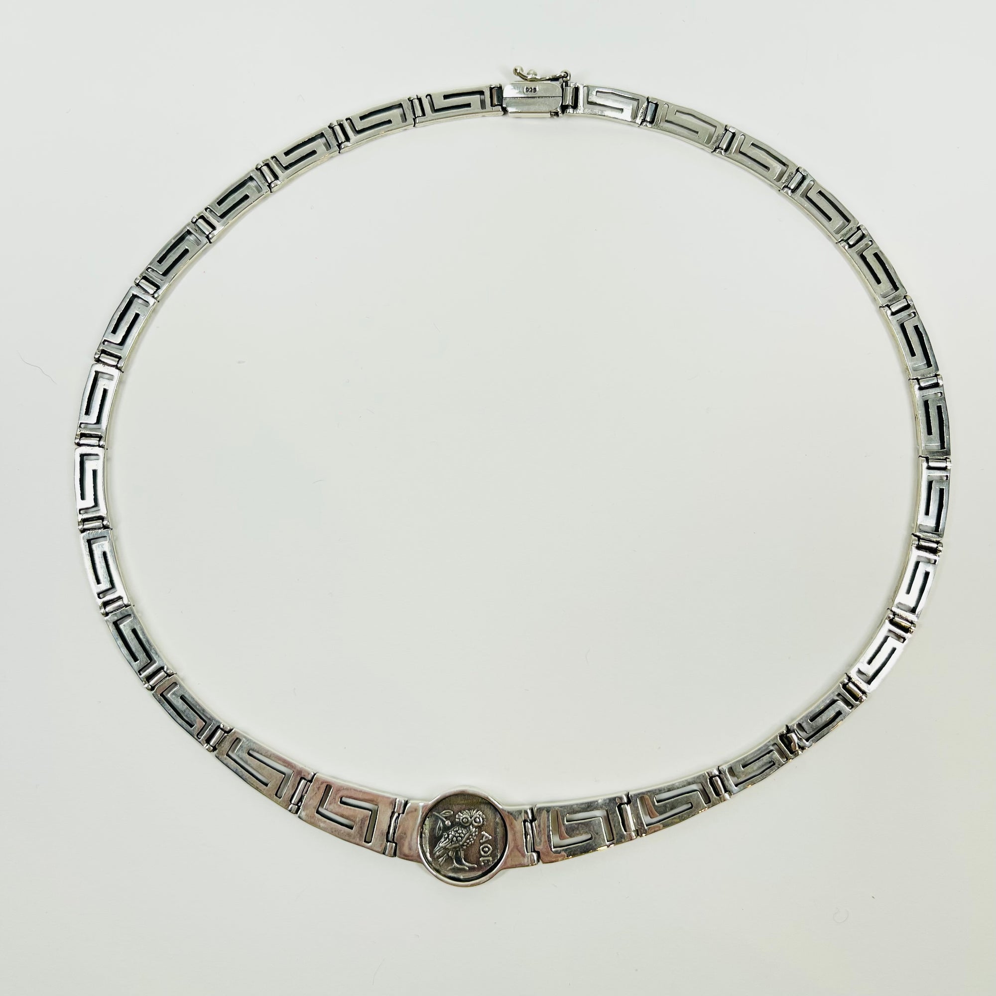 ANTIQUE STERLING SILVER GREEK KEYS ROMAN COIN NECKLACE