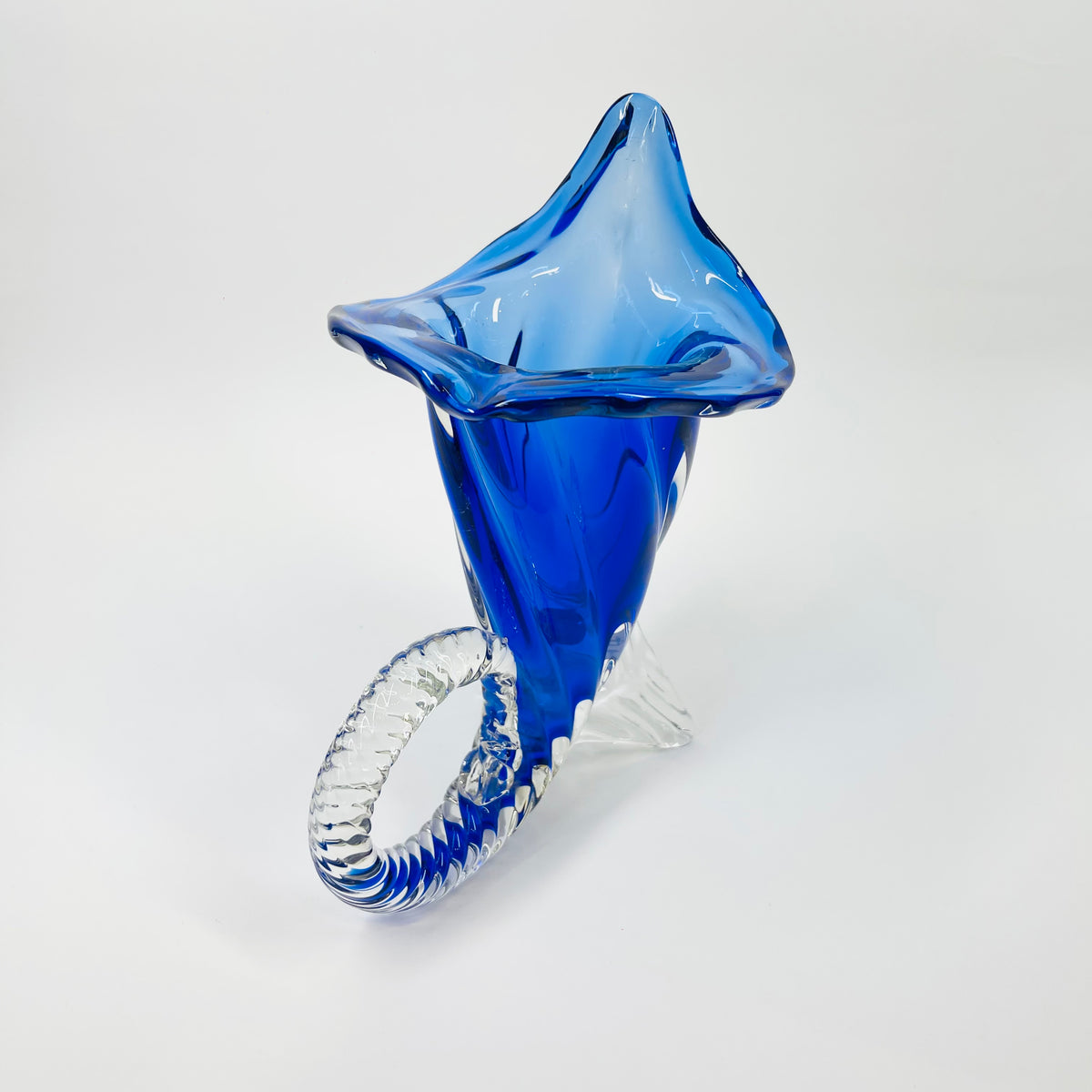 1970s MURANO COBALT BLUE SOMMERSO GLASS CORNUCOPIA VASE