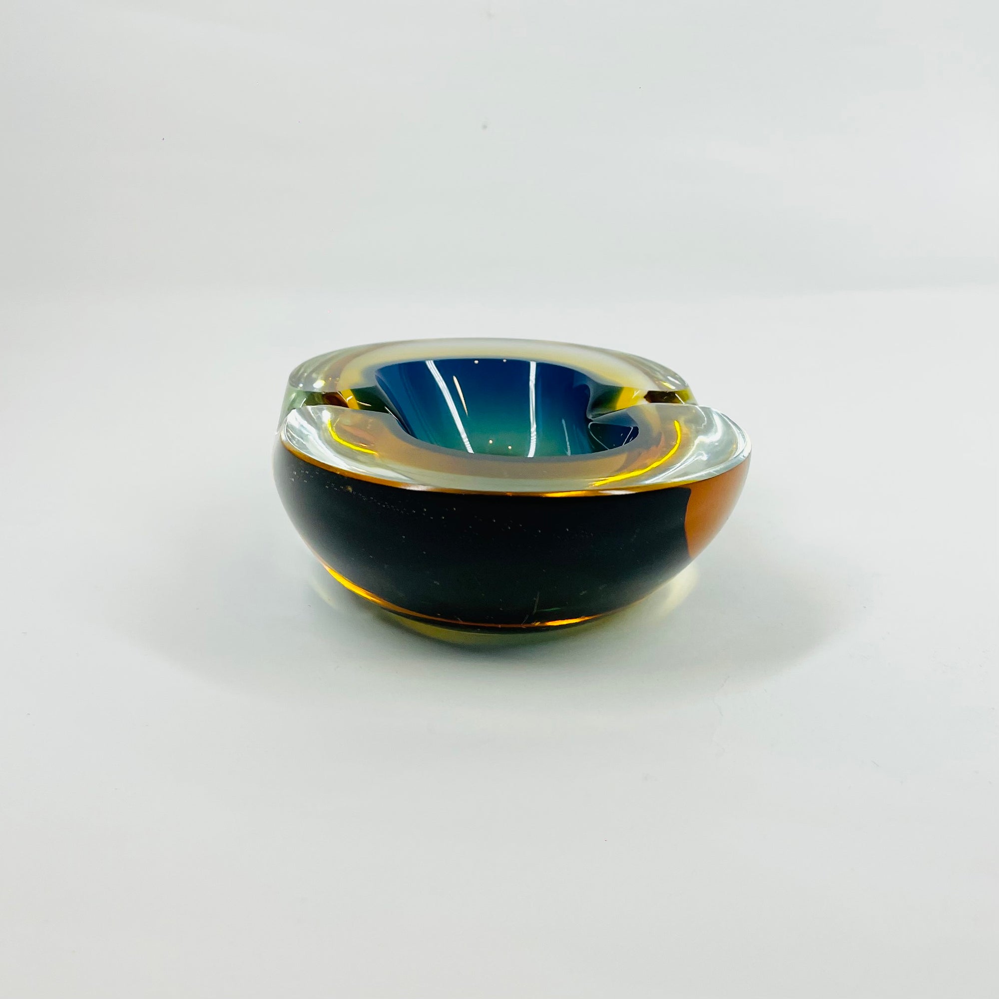 1950s COBALT BLUE TEAL AMBER MURANO SOMMERSO GLASS PINCHED BOWL/ASHTRAY