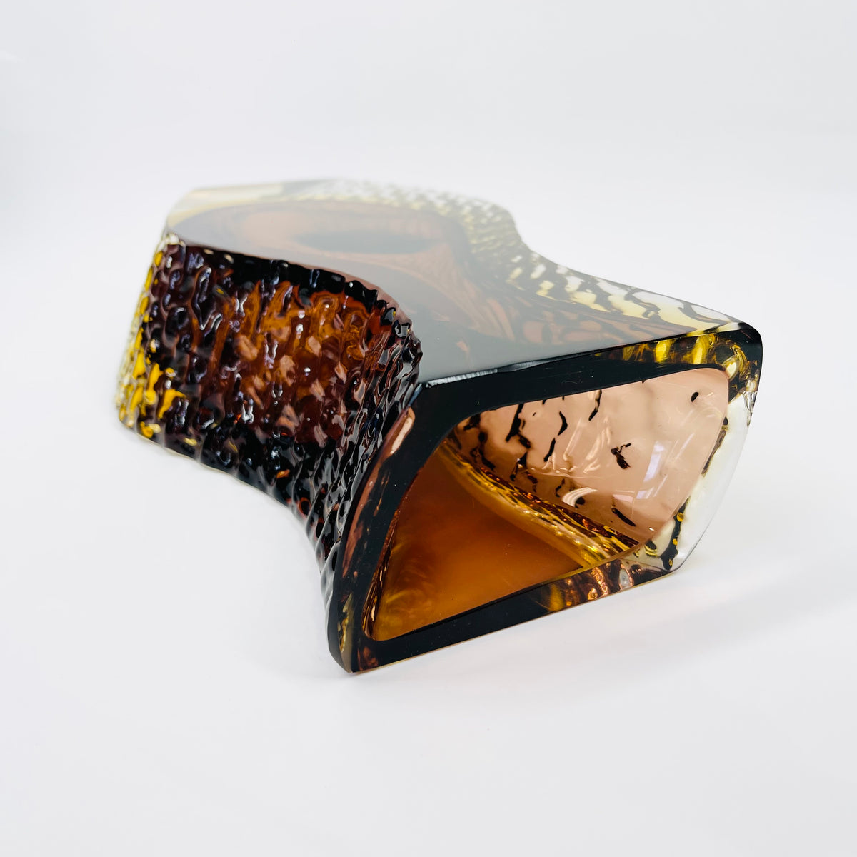 XL 1960s BROWN PURPLE AMBER TEXTURED MURANO SOMMERSO FACETED GLASS BLOCK VASE