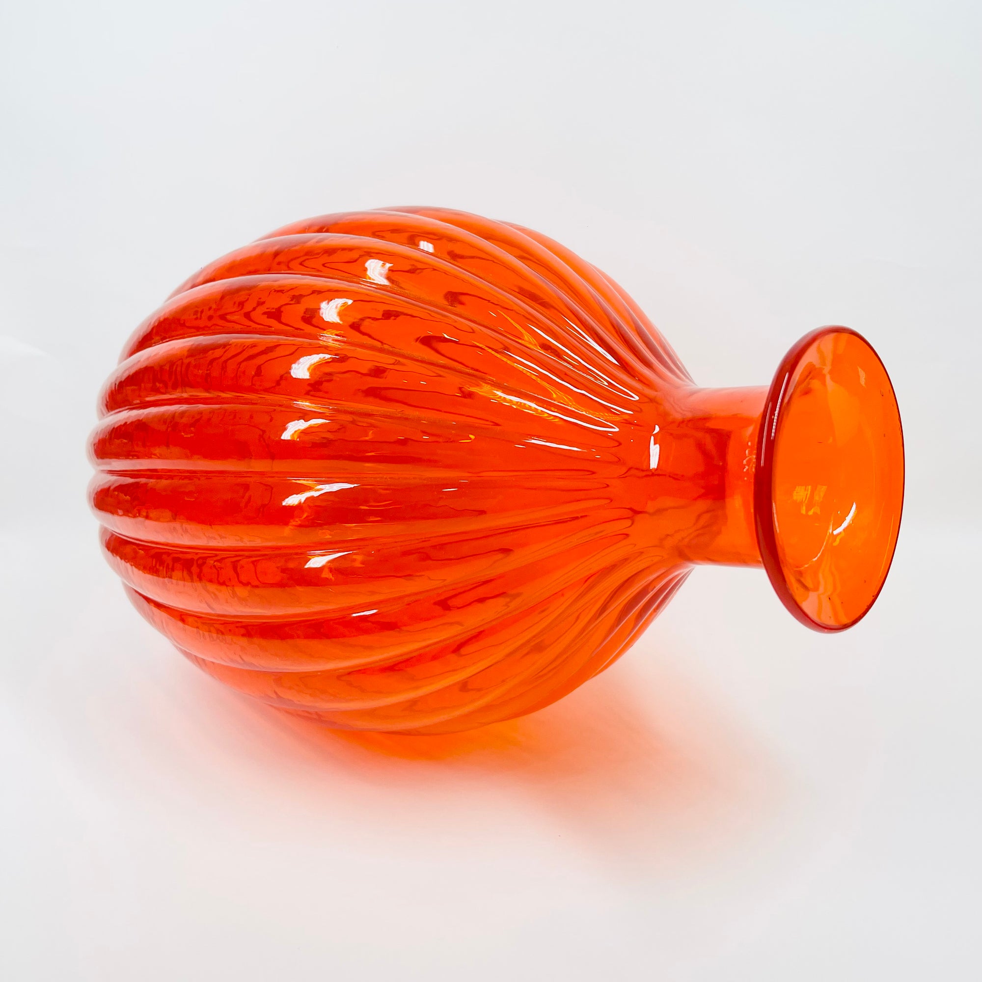 1970s ITALIAN EMPOLI ORANGE RIBBED GLASS OBLONG BOTTLE VASE
