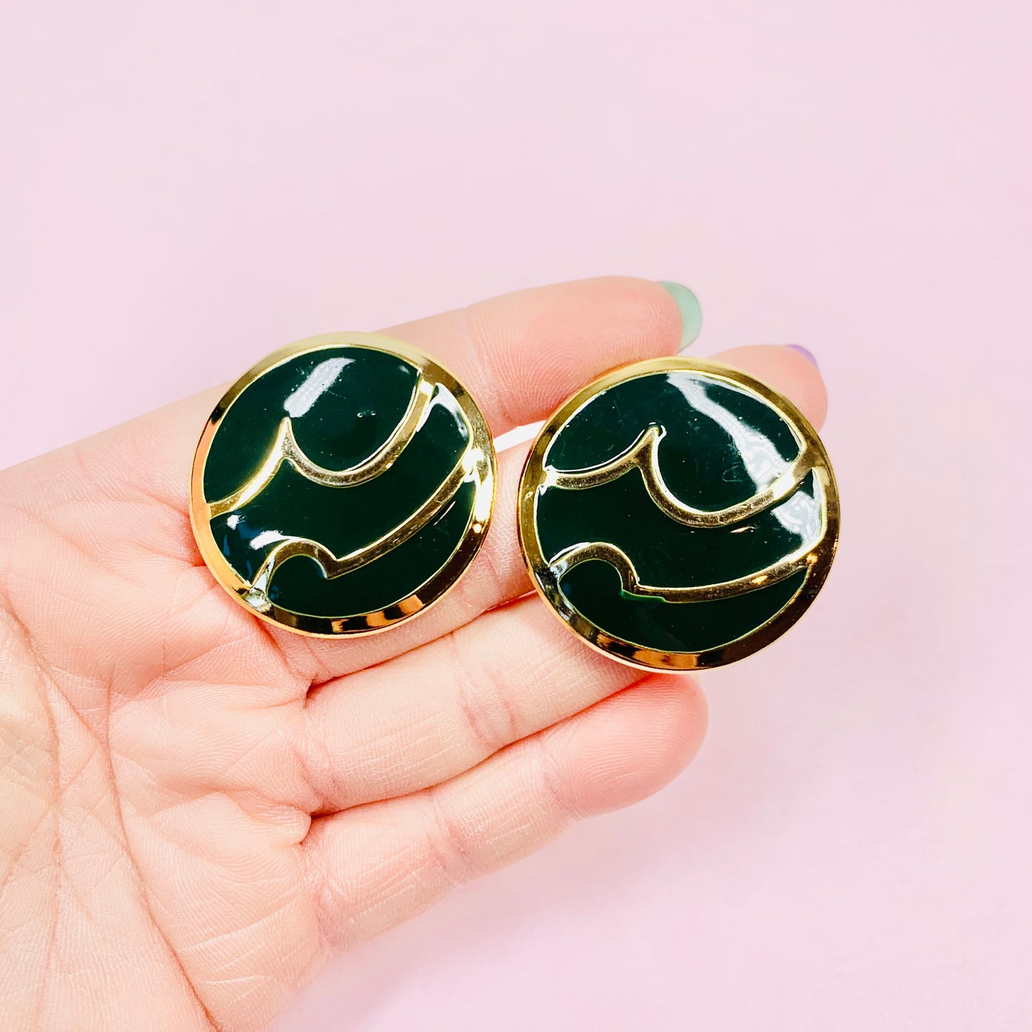 60s BARCS DARK GREEN ENAMEL BUTTON EARRINGS