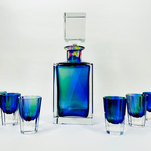 1980s MURANO BLUE GREEN TIE DYE SOMMERSO CUT GLASS DECANTER SET