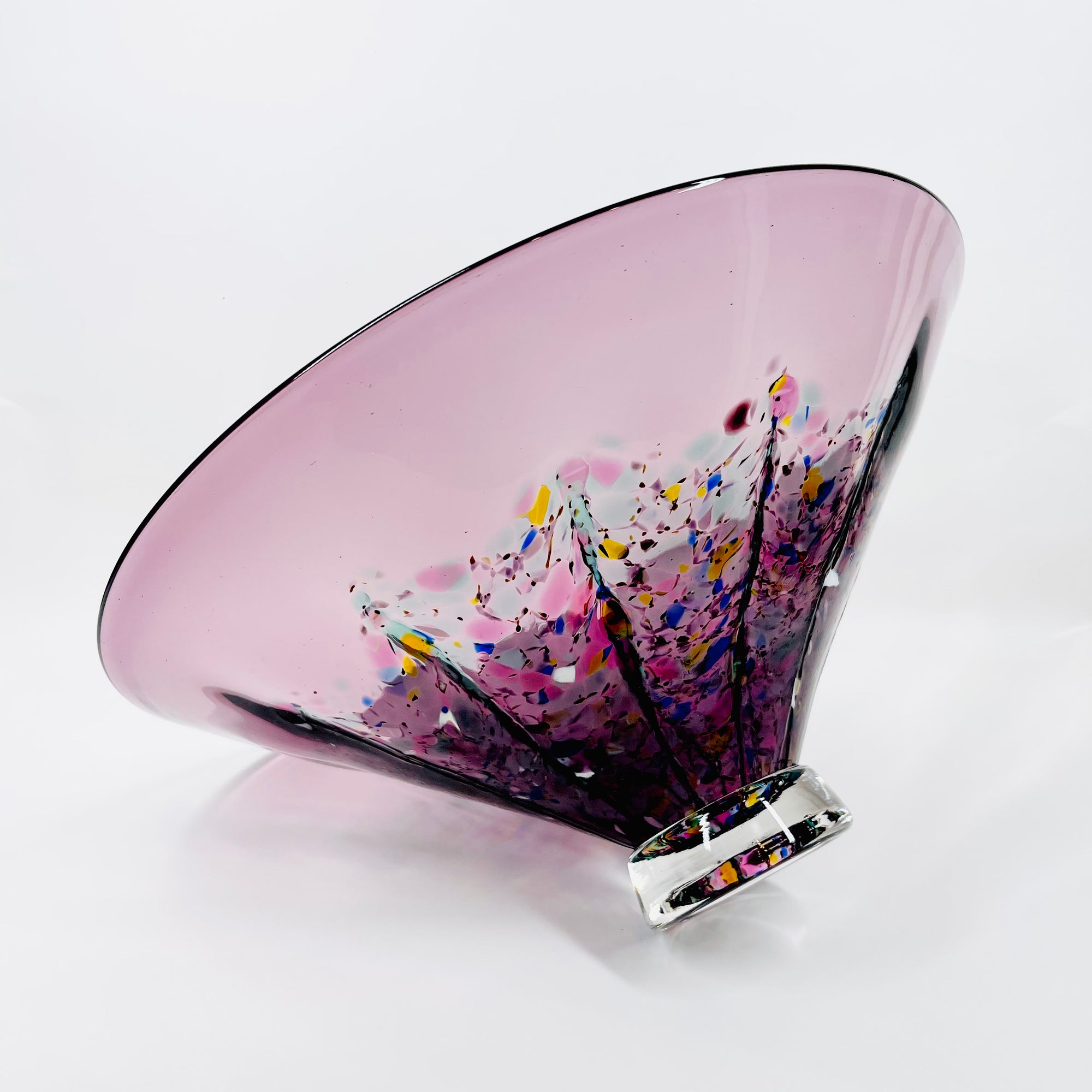 1990s AUSTRALIAN MOUTH BLOWN PINK PURPLE SPATTER ART GLASS BOWL BY MATT LARWOOD