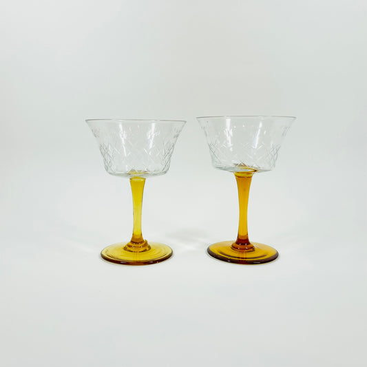 1940s AMBER STEM ETCHED MINI COCKTAIL GLASSES