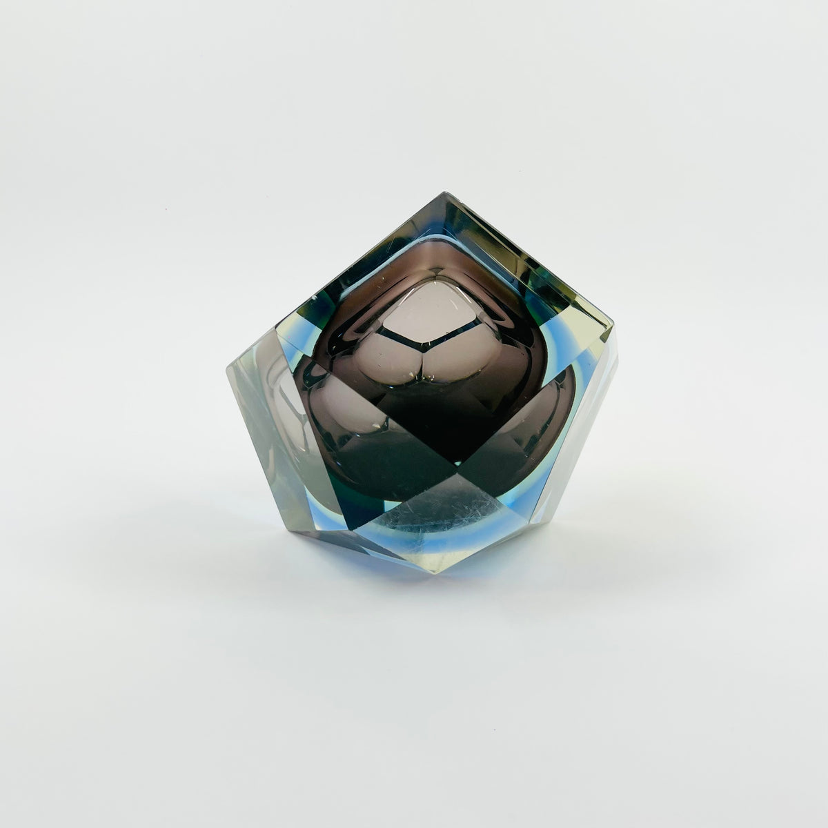 1960s BROWN GREEN YELLOW BLUE SOMMERSO DIAMOND FACETED GLASS BOWL