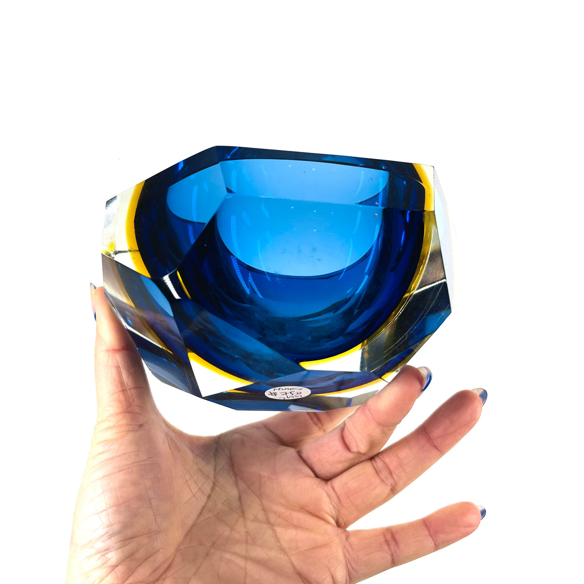 1950s MURANO MANDRUZZATO COBALT BLUE YELLOW SOMMERSO DIAMOND FACETED RECTANGULAR GLASS BOWL