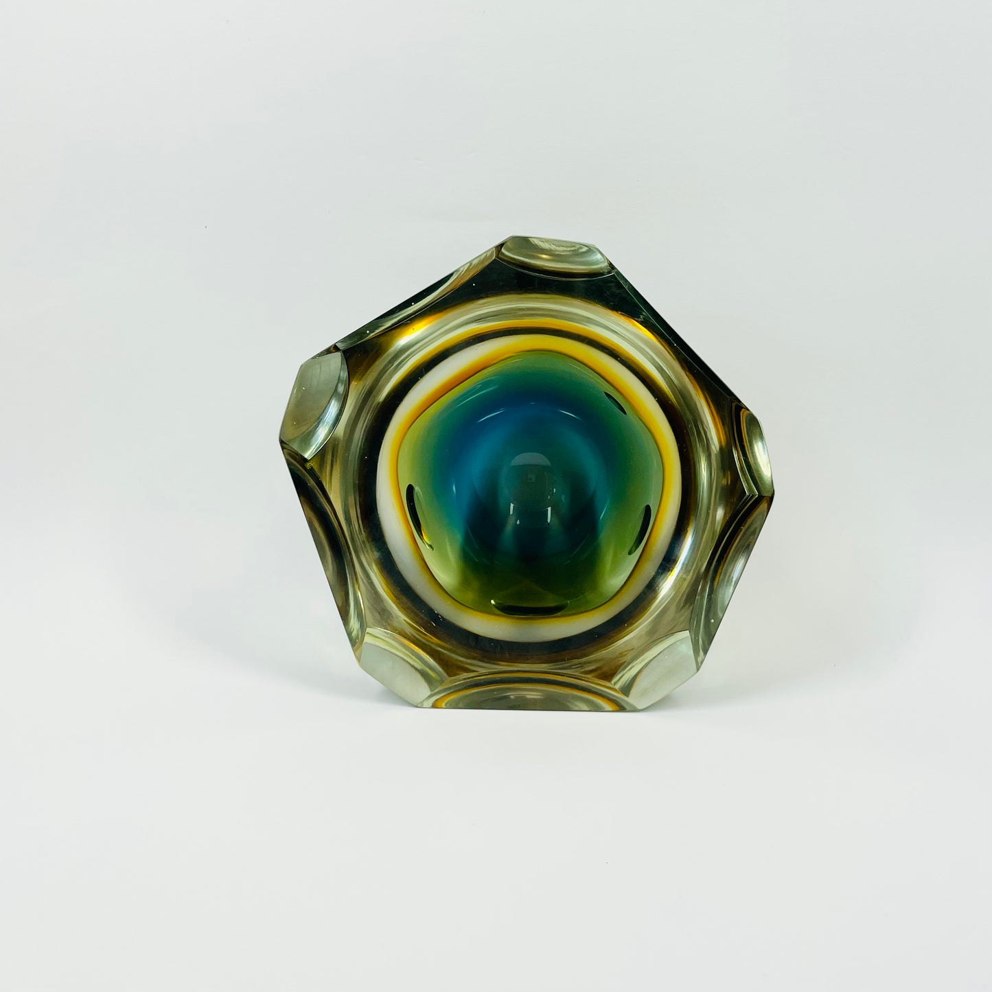 1950s BLUE TEAL GOLD MURANO SOMMERSO FACETED GLASS BOWL