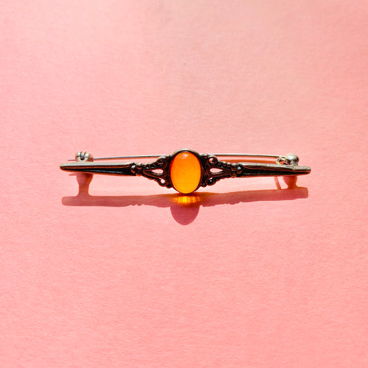 ANTIQUE EDWARDIAN SILVER AMBER BROOCH