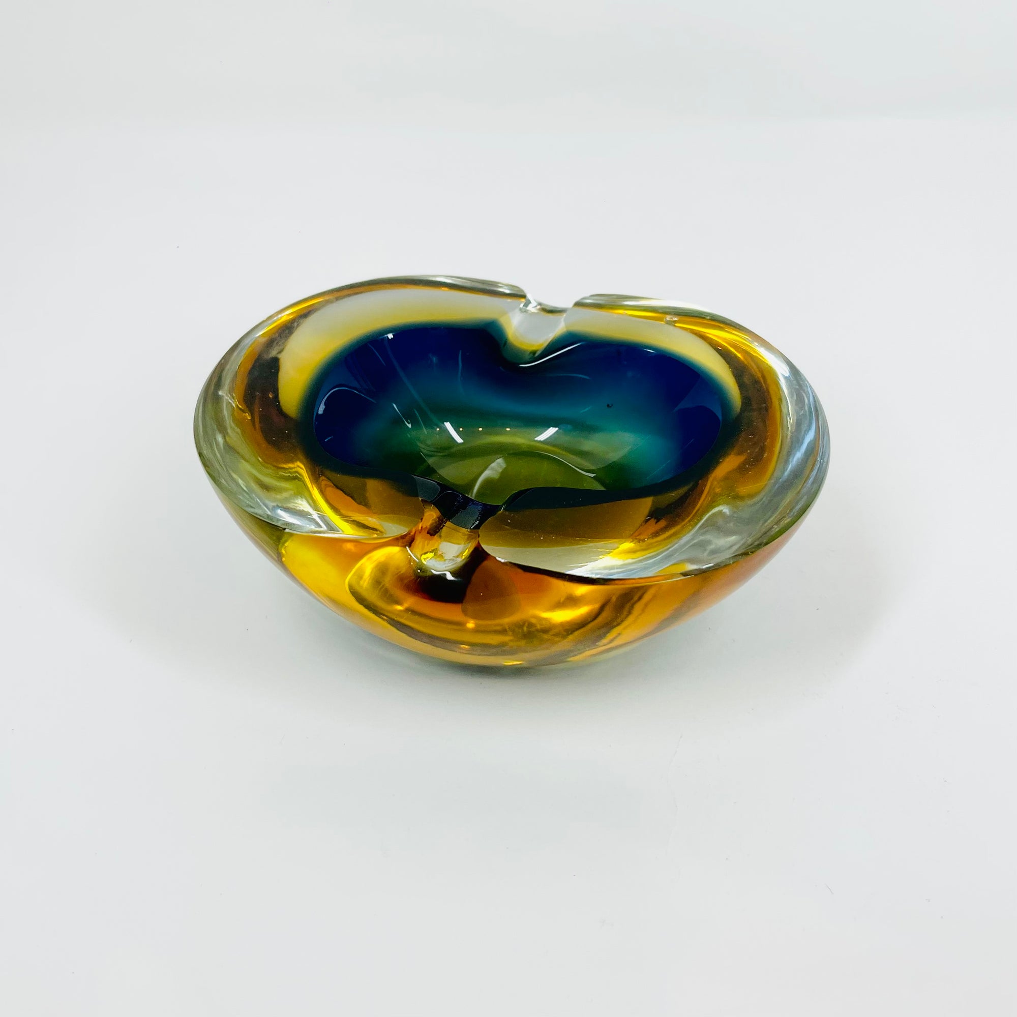 1950s COBALT BLUE TEAL AMBER MURANO SOMMERSO GLASS PINCHED BOWL/ASHTRAY