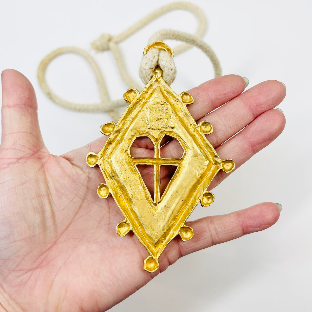 1980s HAND MADE CANADIAN CHRISTIAN LACROIX STYLE BRASS PENDANT NECKLACE
