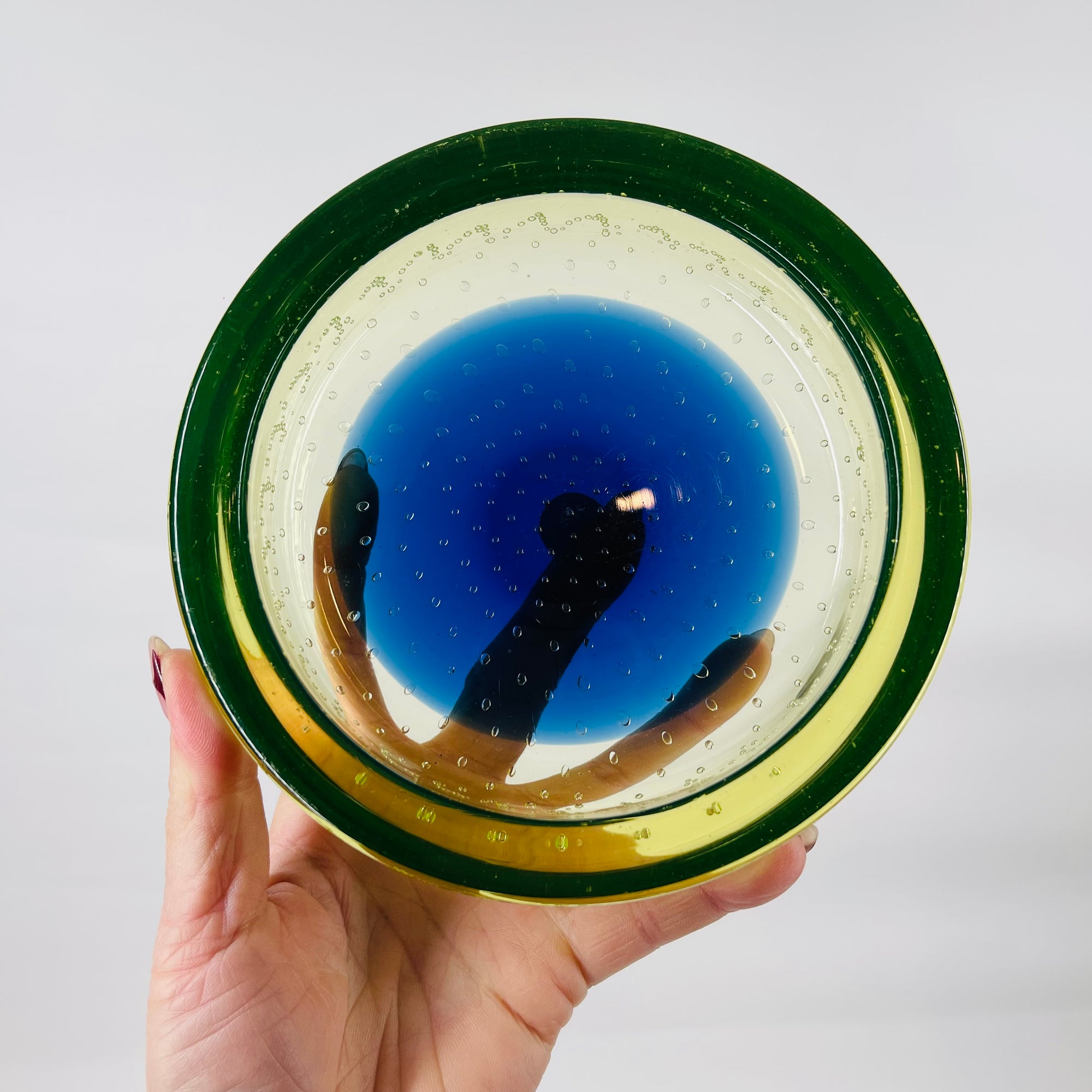 1950s GREEN BLUE MURANO URANIUM SOMMERSO GLASS BOWL/ASHTRAY WITH CONTROLLED BUBBLES