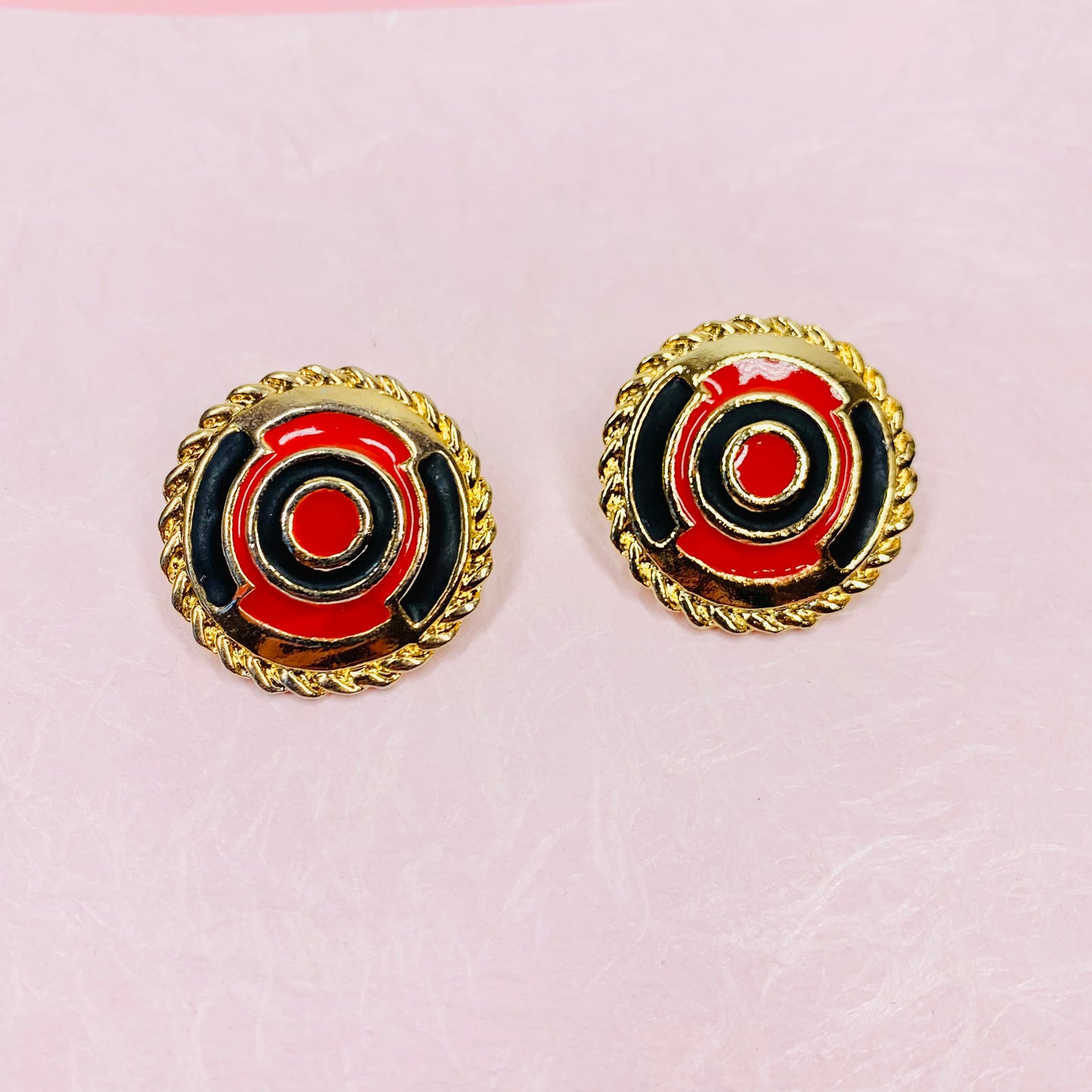 60s RED BLACK ENAMEL BUTTON EARRINGS