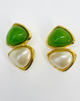 1980s RUNWAY CHANEL GRIPOIX GREEN GLASS MABE PEARL STATEMENT CLIP ON EARRINGS