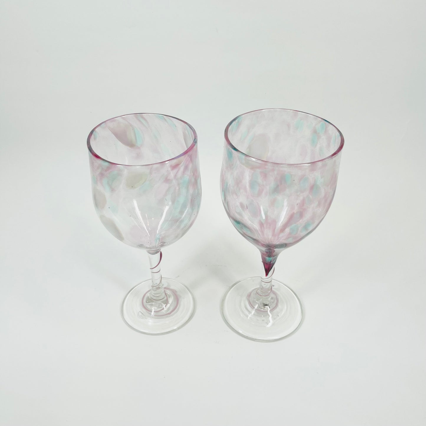 1980s MOUTH BLOWN MURANO PINK SPATTER WINE GLASSES