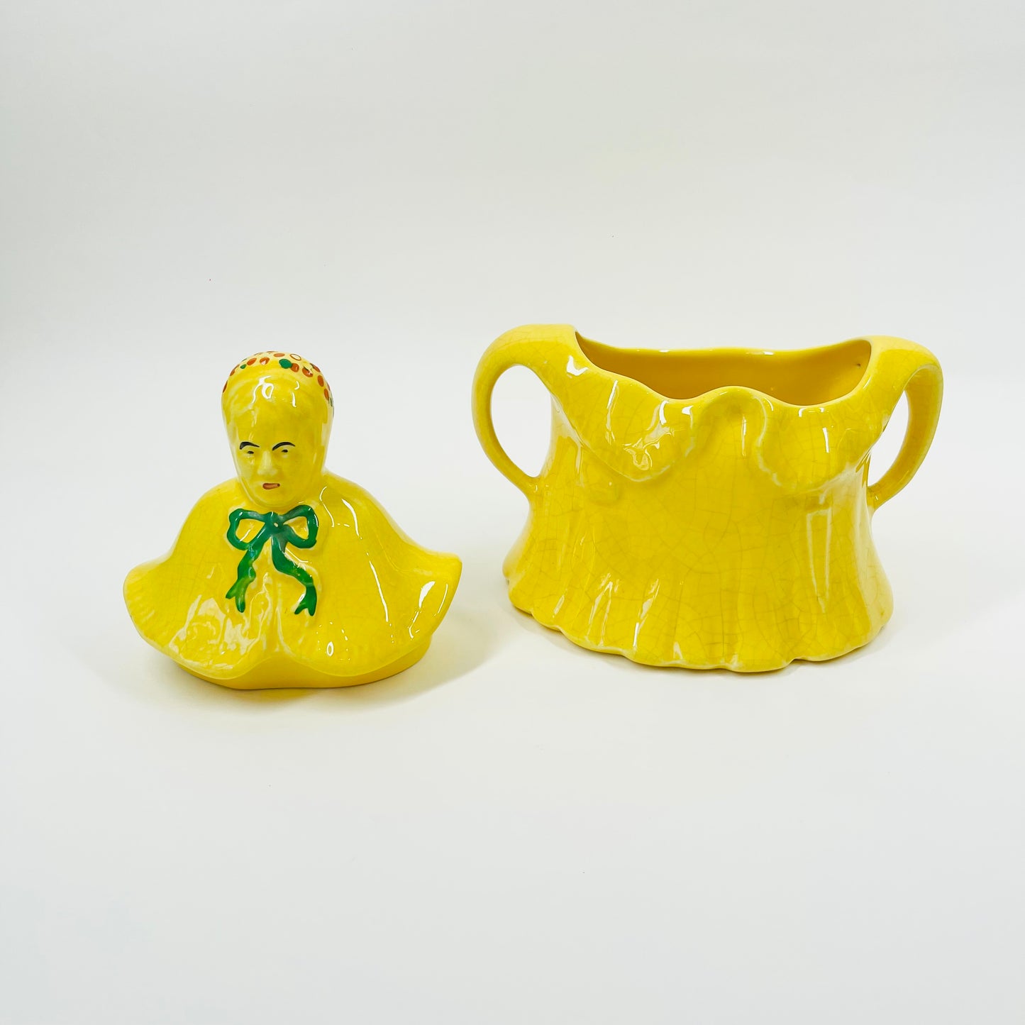 1930s HAND PAINTED ENGLISH YELLOW PORCELAIN LADY TEA POT