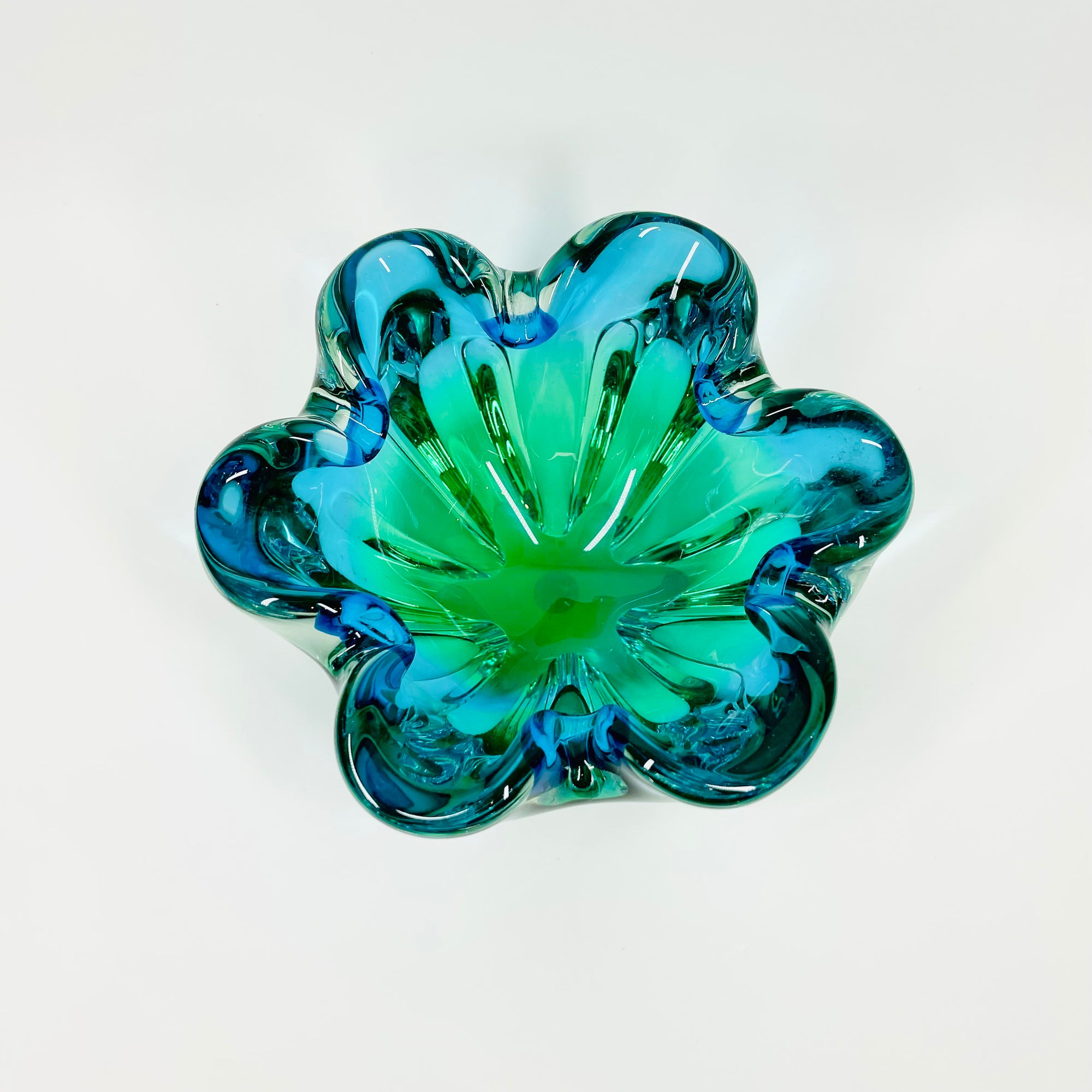 1970s JAPANESE HINERI GREEN BLUE HARLEQUIN SOMMERSO GLASS BOWL/ASHTRAY
