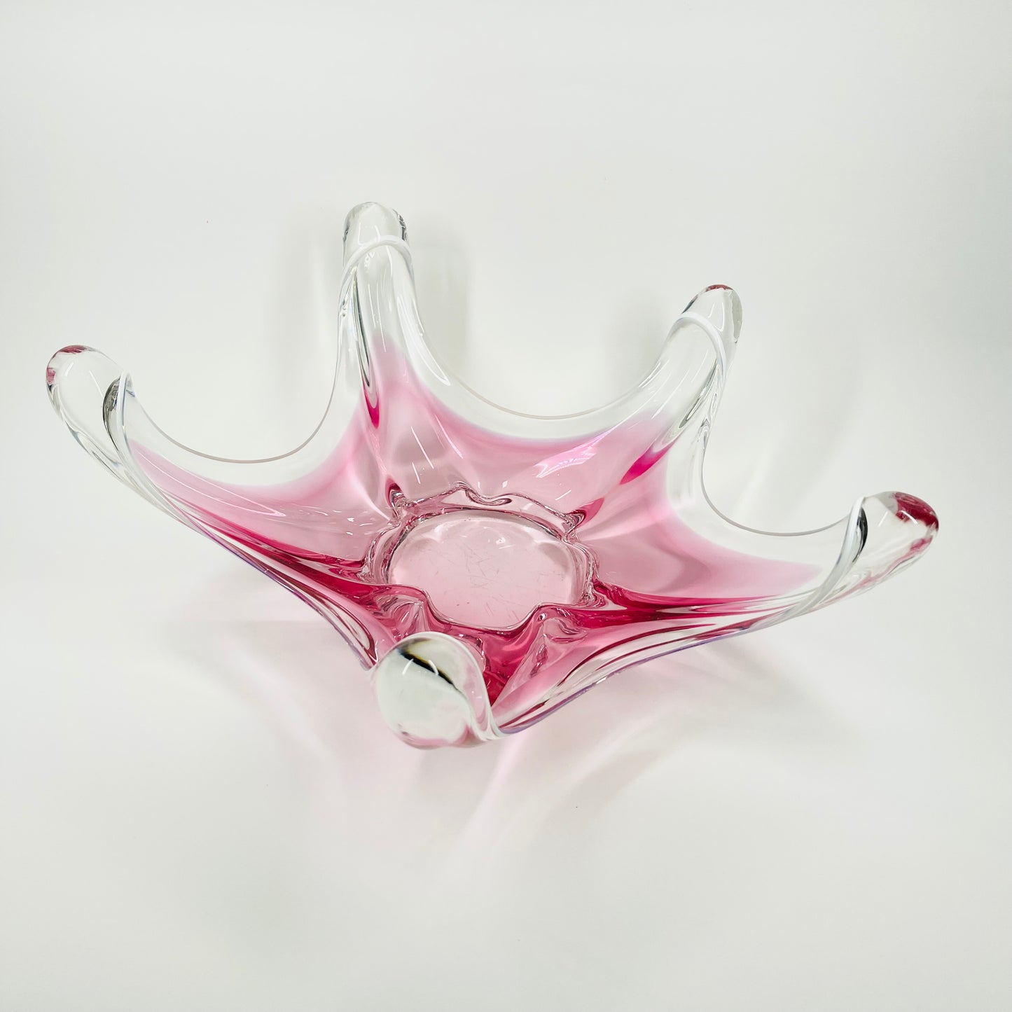 1950s LARGE CZECH SKRDLOVICE PINK SOMMERSO GLASS STARFRUIT BOWL