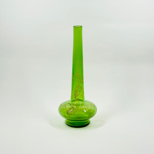 ANTIQUE VICTORIAN HAND PAINTED GREEN GLASS SPECIMEN VASE