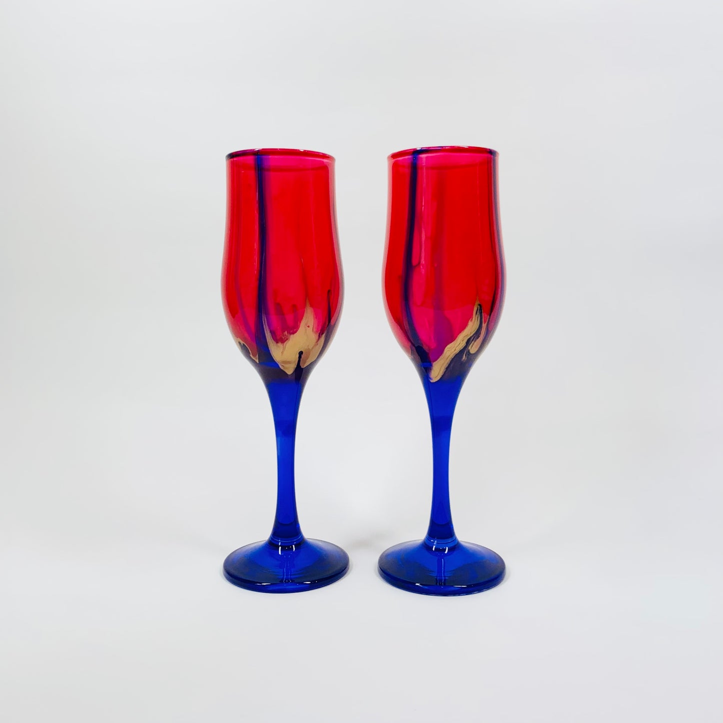 HAND PAINTED PINK COBALT BLUE ART GLASS CHAMPAGNE FLUTES