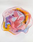 1986 HAND MADE HARLEQUIN CAMEO PINK BASE SPATTER ART GLASS XL BOWL BY JOHN MACPHERSON