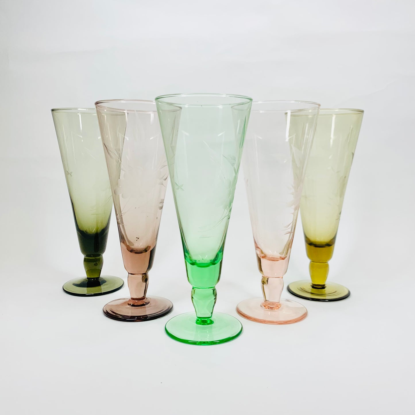 50s HARLEQUIN ETCHED CHAMPAGNE FLUTES