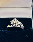 1970s 9 MIXED 14K WHITE YELLOW GOLD DIAMOND BLACK SAPPHIRE SNOW LEOPARD RING