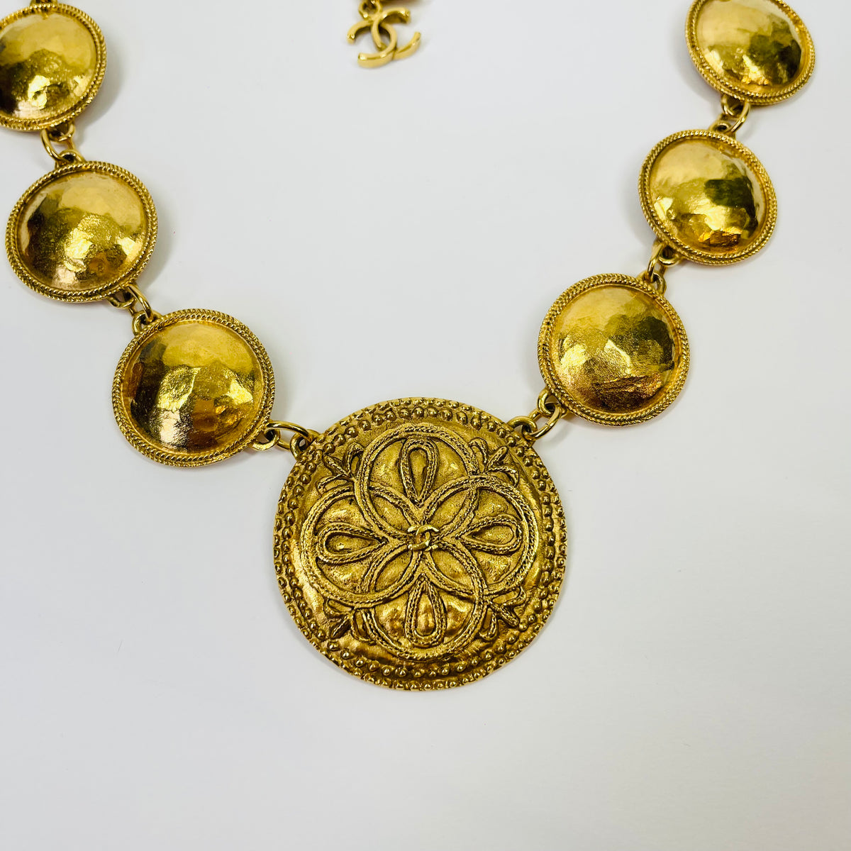 1980s CHANEL ESTRUCAN STYLE LOGO MEDALLION NECKLACE