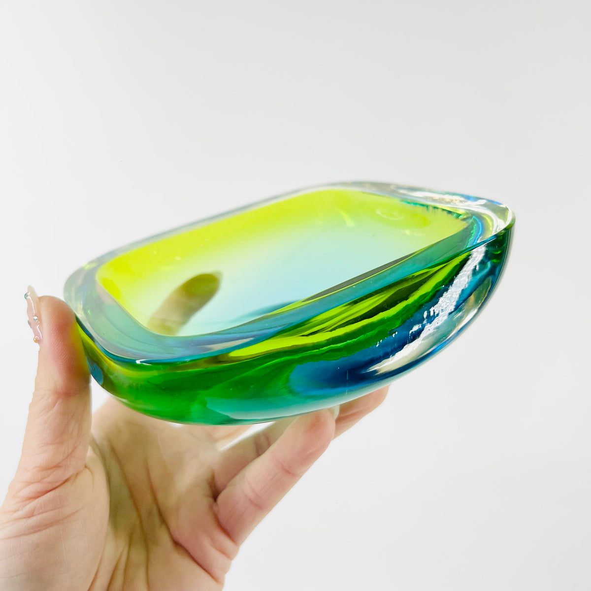 1960s GREEN BLUE PEACOCK HARLEQUIN SOMMERSO FACETED GEODE GLASS BOWL